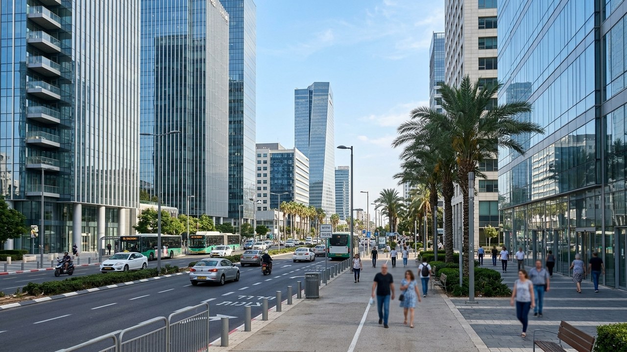 AI-generated photorealistic context: A wide realistic view of modern office buildings and a city street in Tel Aviv, Israel